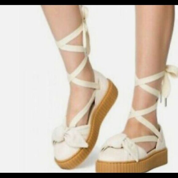 Puma Fenty beige leather creeper lace up with leather bow accent size 7.5 - Picture 1 of 11